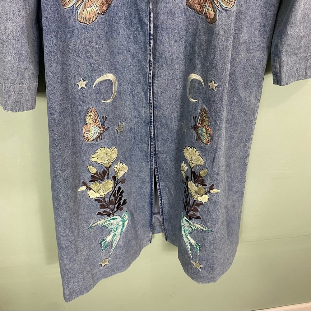 Free People Denim & Bone Buffalo Denim Duster Butterfly Floral Embroidered Sz‎ L - Picture 4 of 10